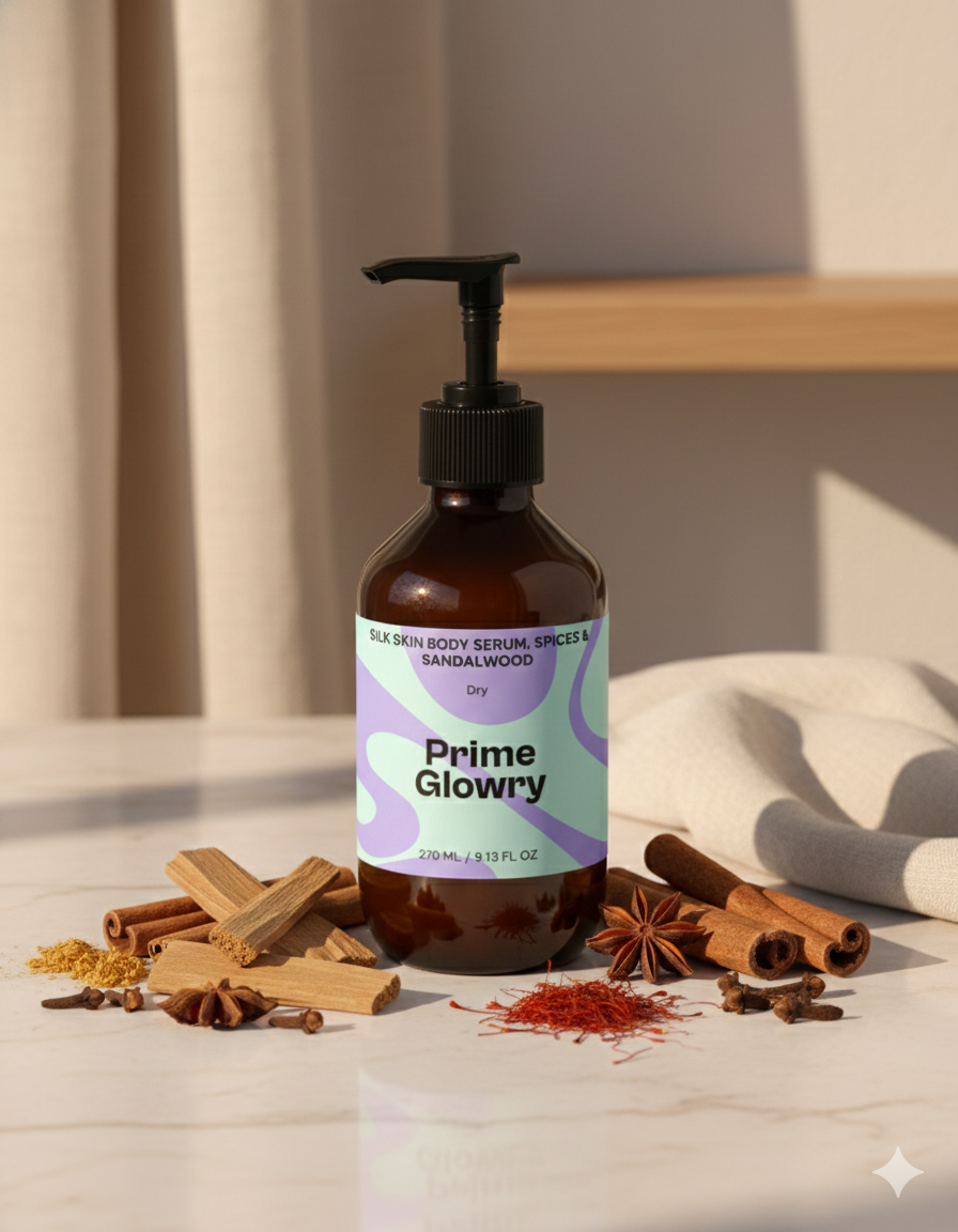 PrimeGlowry Silk Skin Body Serum, Spices & Sandalwood