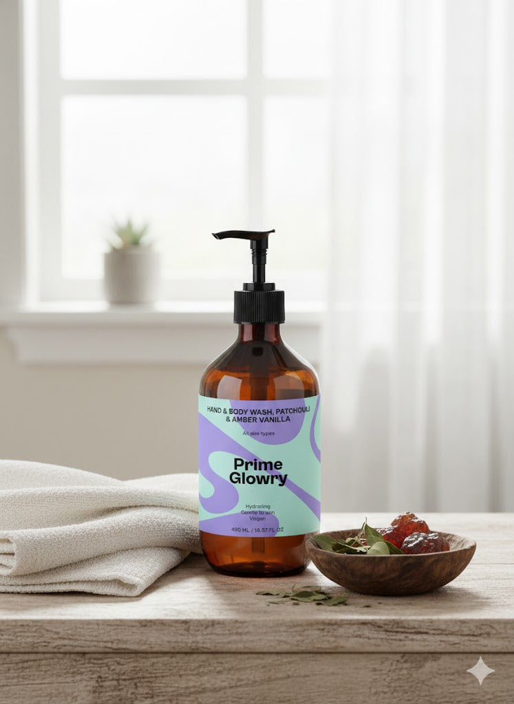 PrimeGlowry Hand & Body Wash, Patchouli & Amber Vanilla
