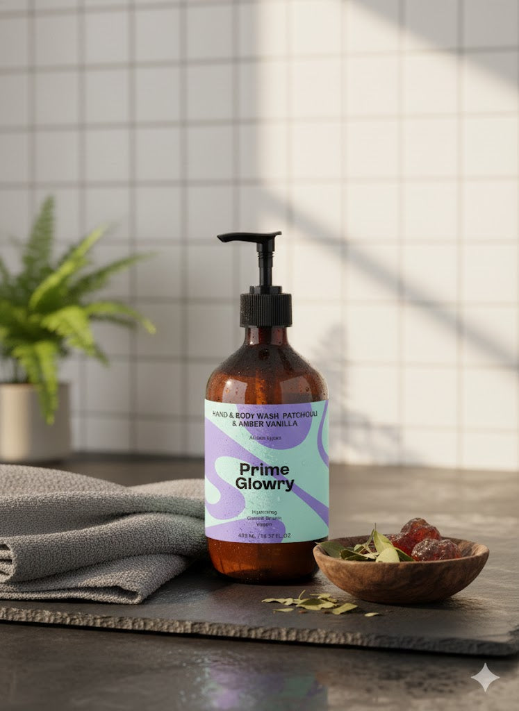 PrimeGlowry Hand & Body Wash, Patchouli & Amber Vanilla