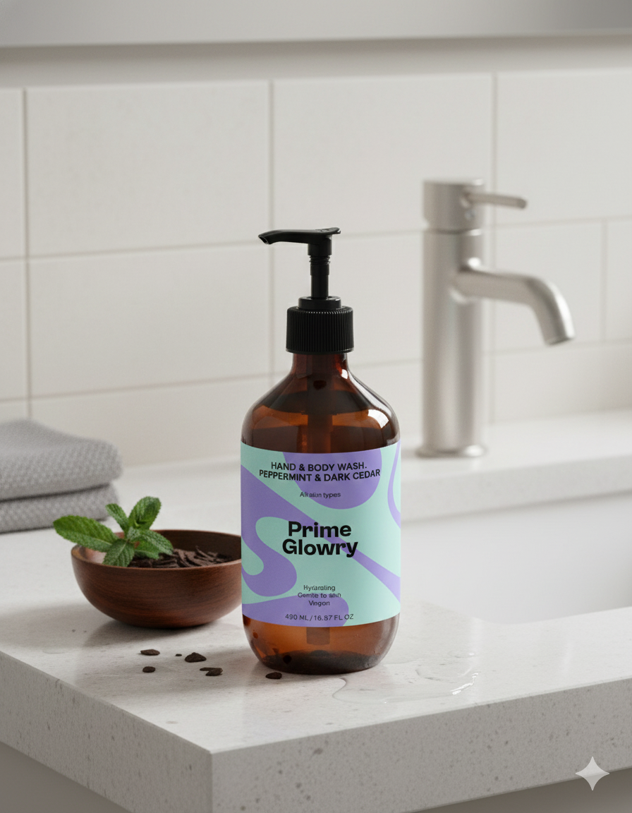 PrimeGlowry Hand & Body Wash, Peppermint & Dark Cedar