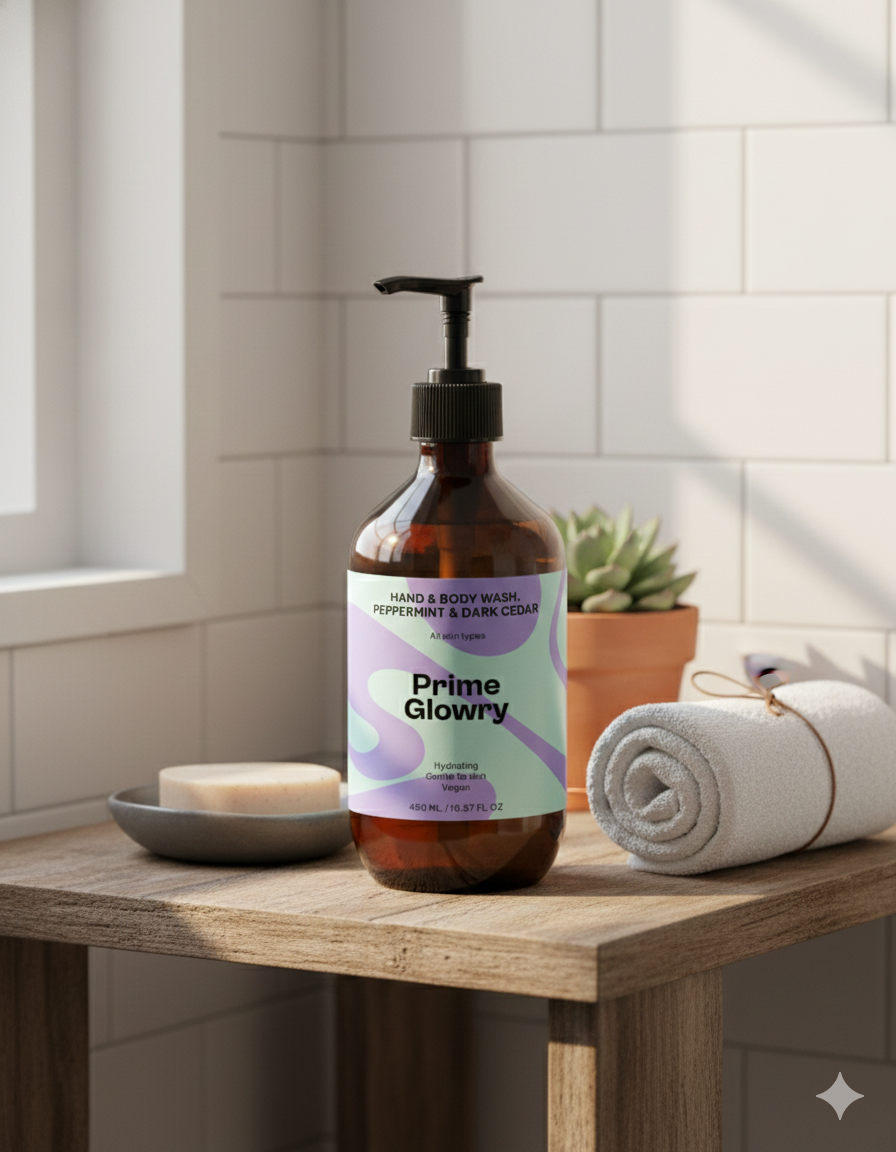 PrimeGlowry Hand & Body Wash, Peppermint & Dark Cedar