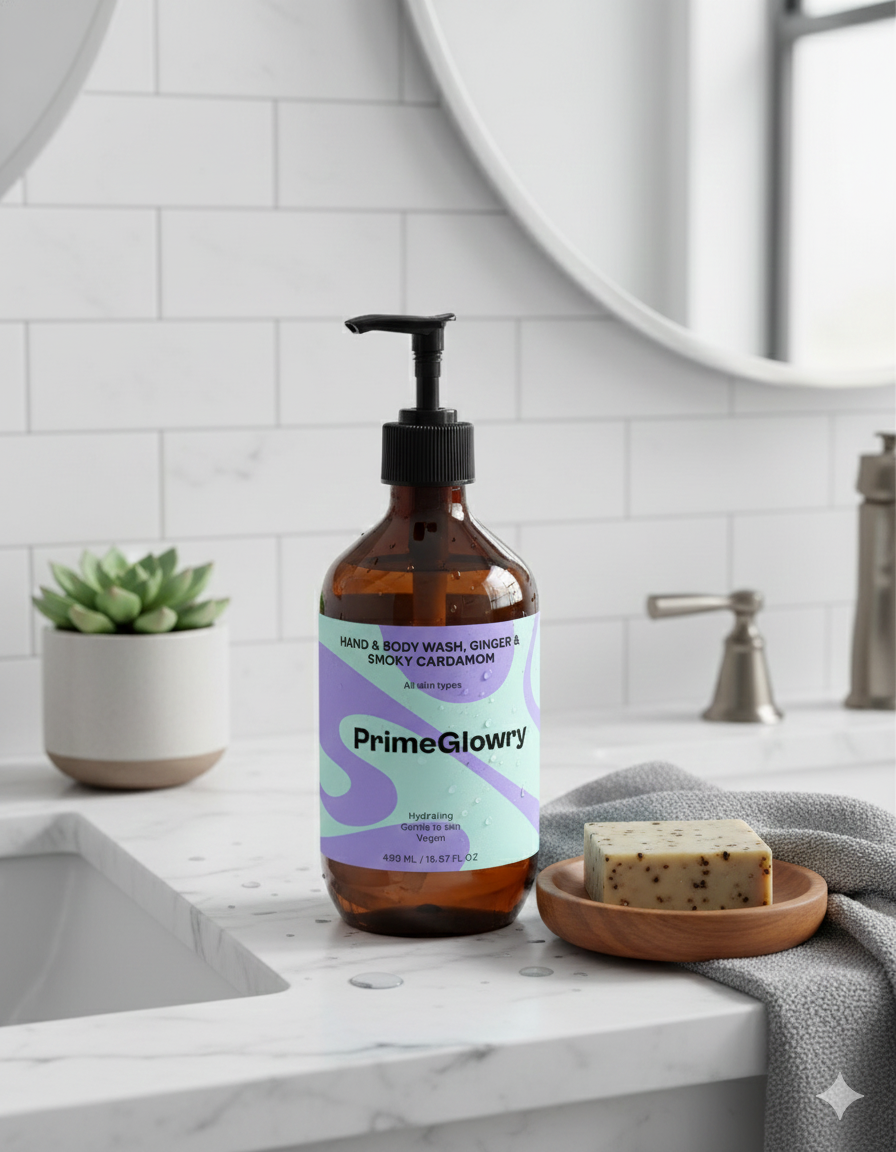 PrimeGlowry Hand & Body Wash, Ginger & Smoky Cardamom