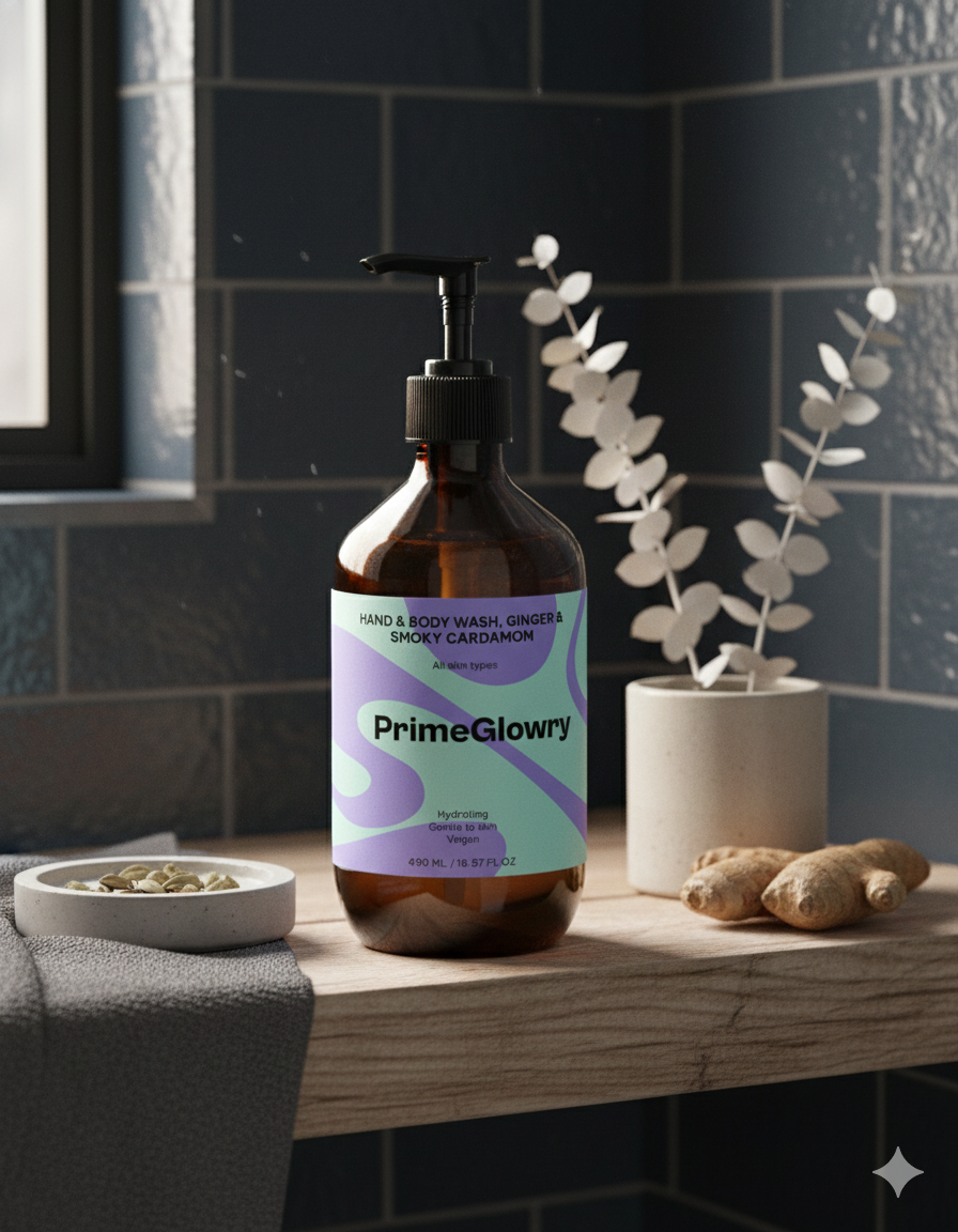 PrimeGlowry Hand & Body Wash, Ginger & Smoky Cardamom